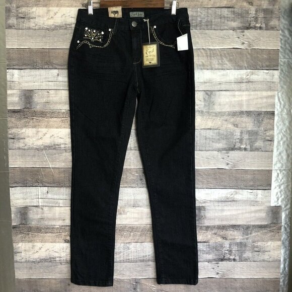 EARL JEAN Blue Jeans EMBROIDERED Denim RHINESTONES Size 10 Women's NWT - Picture 1 of 11